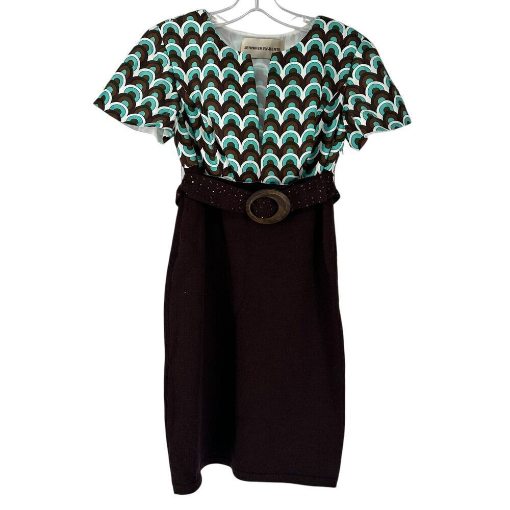 Jennifer Roberts Dress Silk Flutter Sleeve Rhinestone Belted Y2K Teal Brown SZ 4